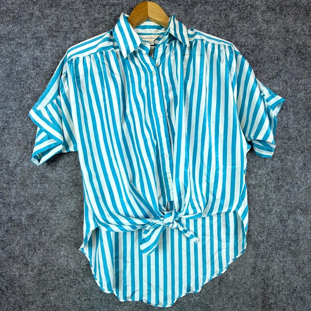 Vintage Susan Hutton Shirt Womens 12 White Blue Knotted Coastal Chic Euro Summer